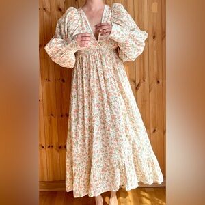 Floral Burlap Sackcloth Boho Maxi Summer Autumn coastal cowgirl Dress , Size S